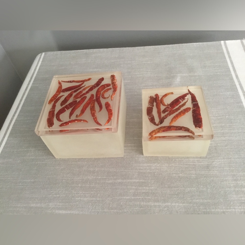 Vintage Resin Cigarette and Match Boxes Embedded with Red Chilis